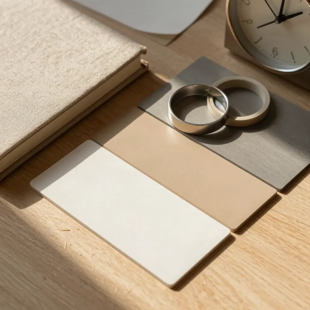 Närbild av swatches, linnebok, klocka och provringar på ljus träyta.