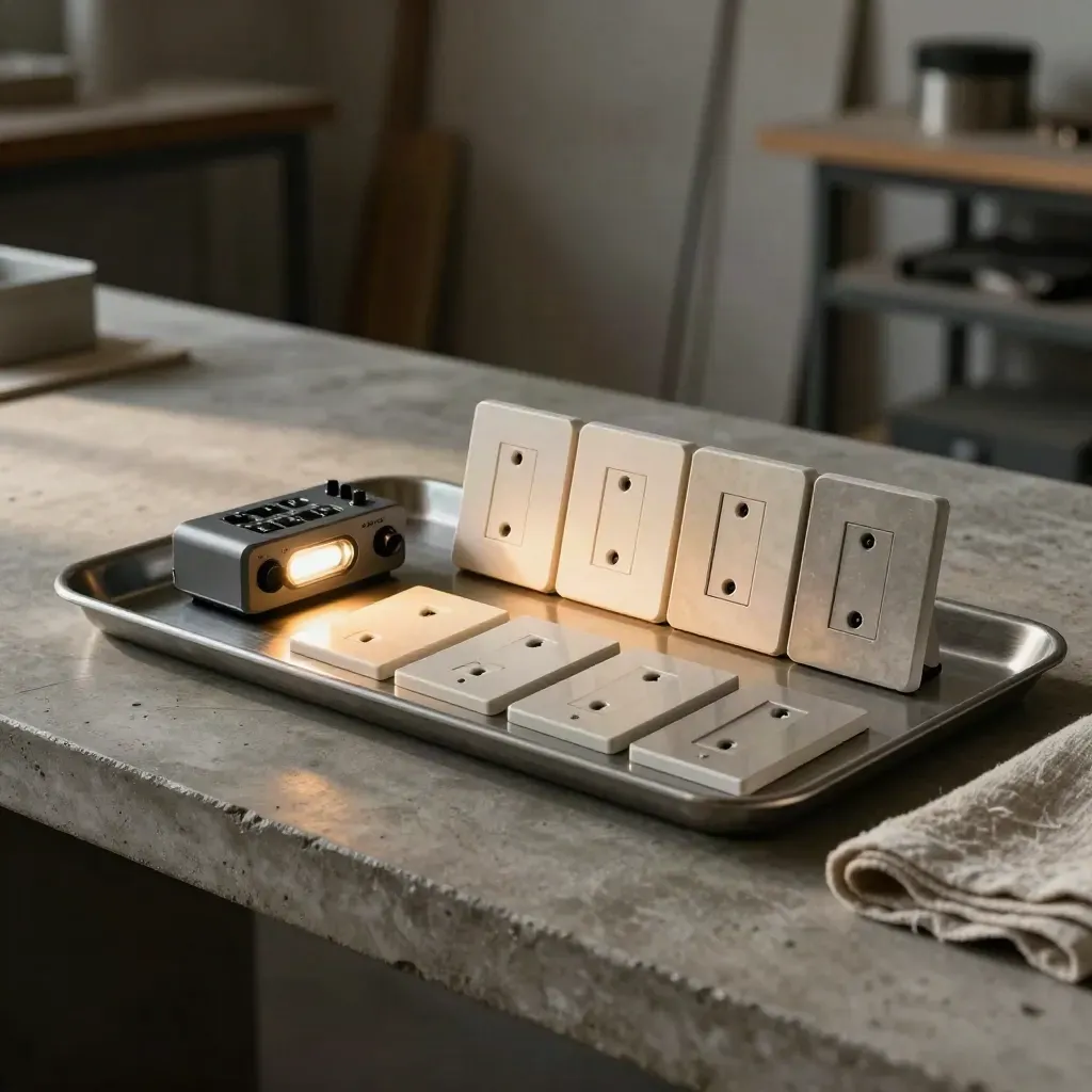 Dimmermodul, testlampa och strömbrytare på en metallbricka i mjukt ljus.