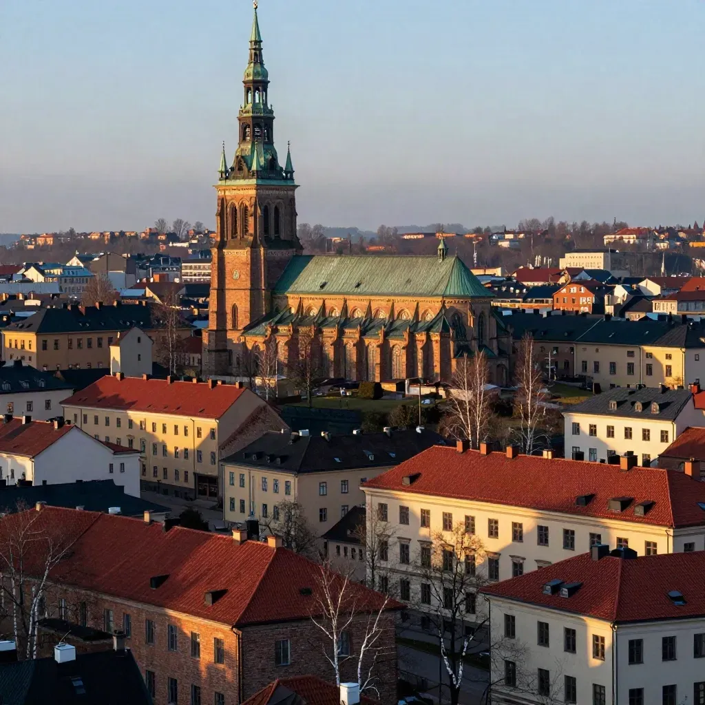 Uppsala domkyrka över tegelhus i gyllene kvällsljus med lugn himmel och dimma